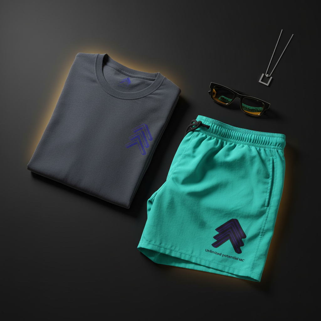 Enhanced Summer Ad Mockup — UP MC Tee & Shorts